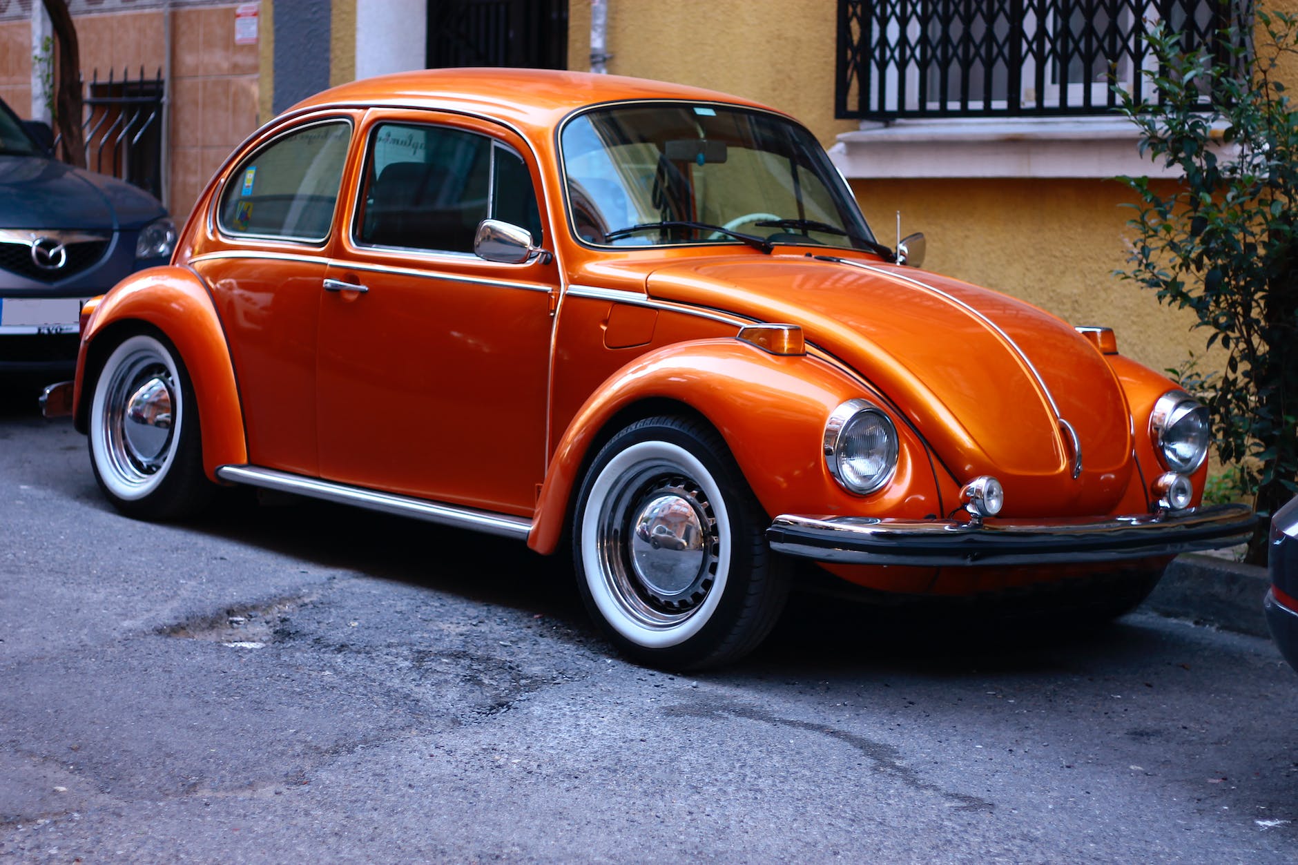 photography of orange volkswagen beetle