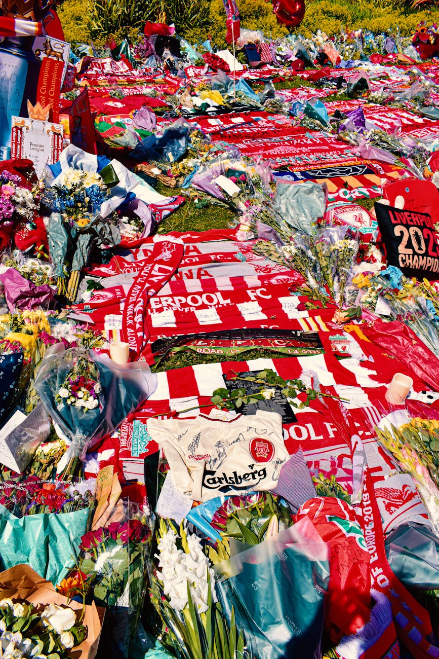 liverpool football tribute with floral arrangements