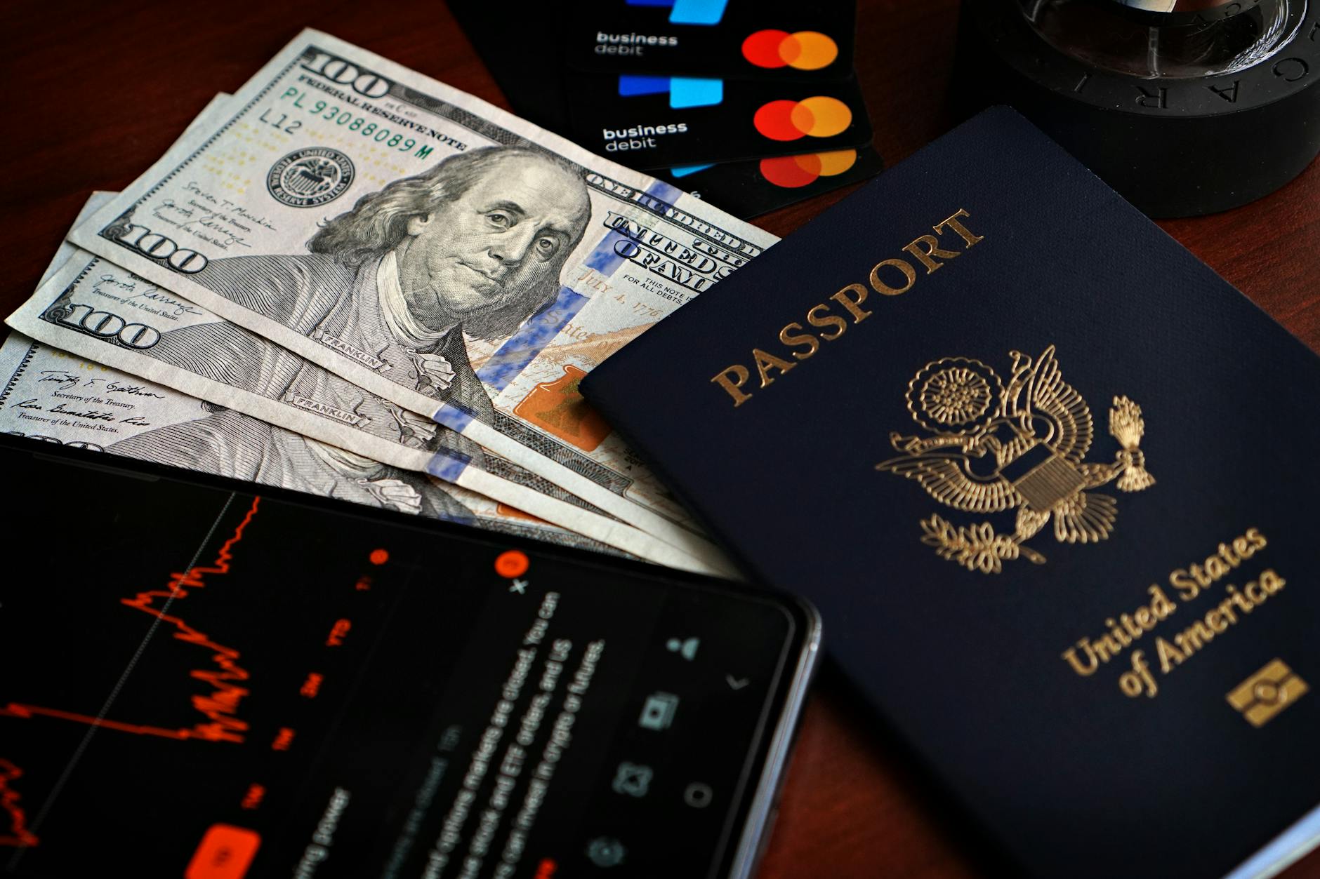 finance and travel passport money cards smartphone
