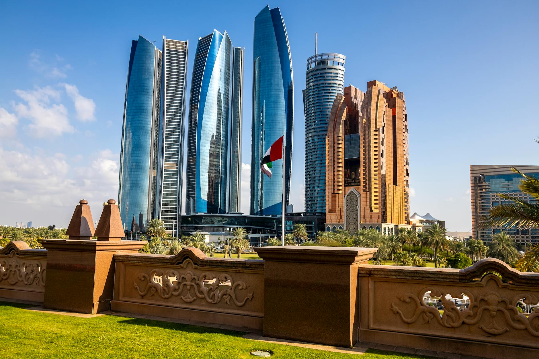 modern etihad towers in abu dhabi uae skyline