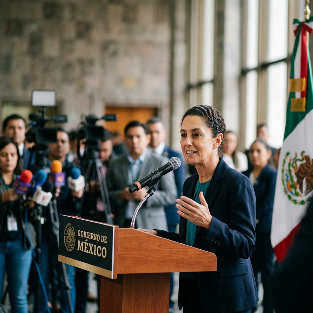 Woman speaking at a Mexican government podium with reporters and cameras behind her