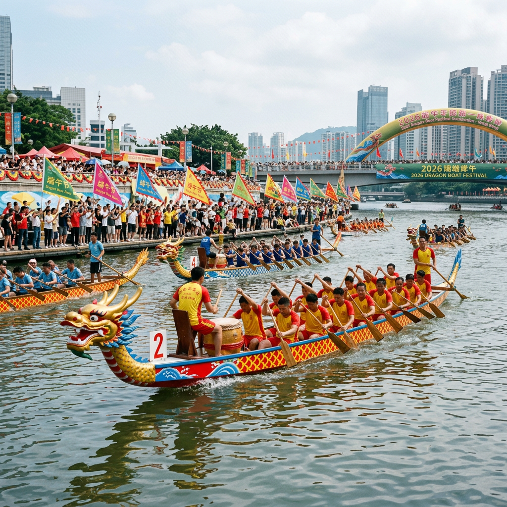 Dragon boat teams racing on a river with spectators and colorful flags