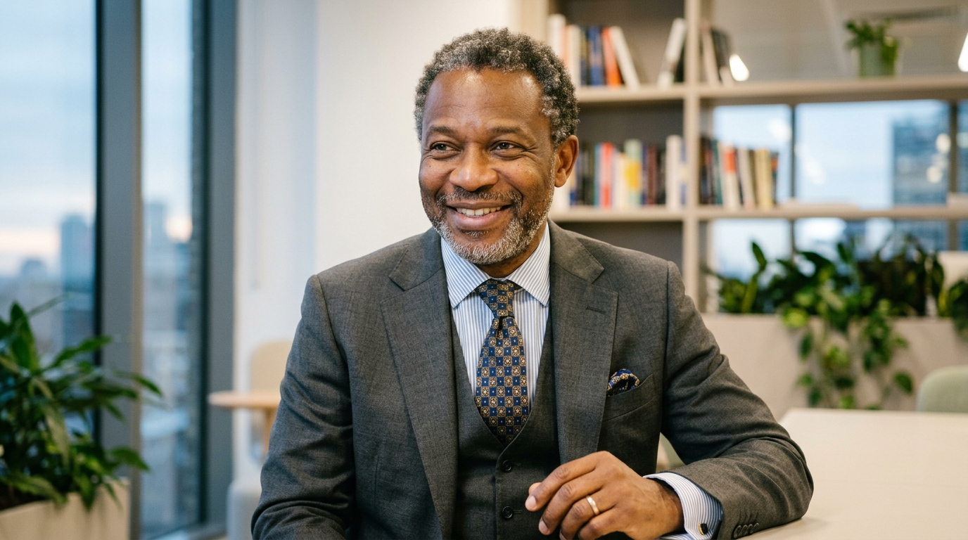 Smiling businessman in gray suit and patterned tie sitting at office desk