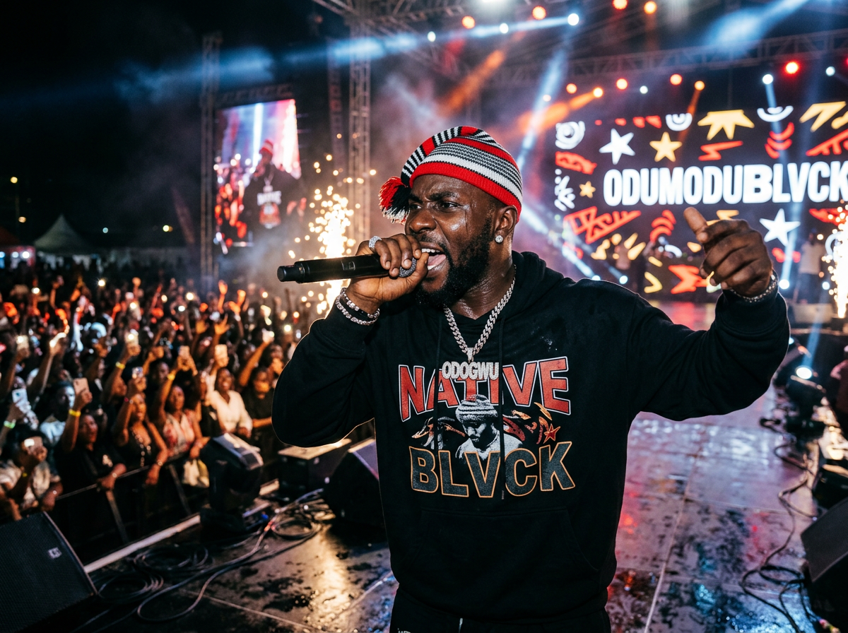 Musician performing on stage with microphone and vibrant crowd in background