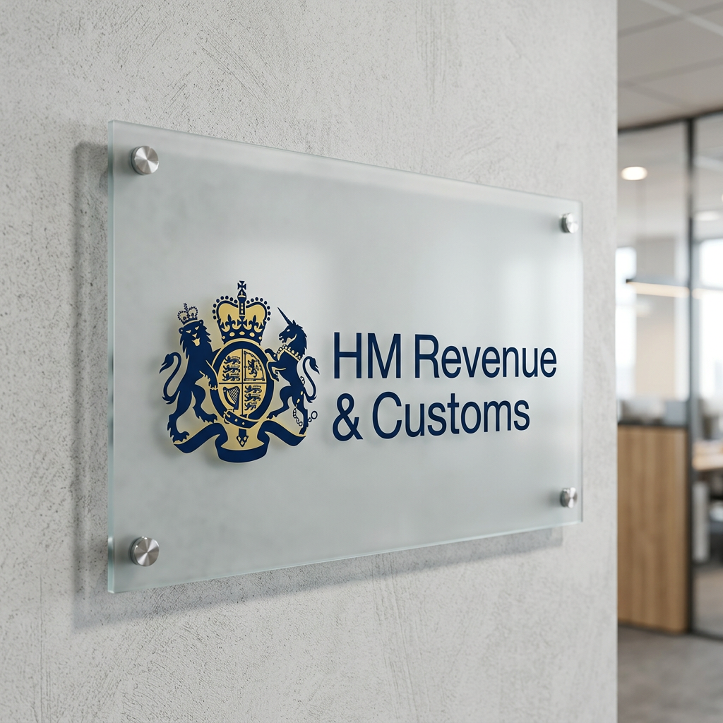 Frosted glass wall sign with HM Revenue & Customs logo and text.