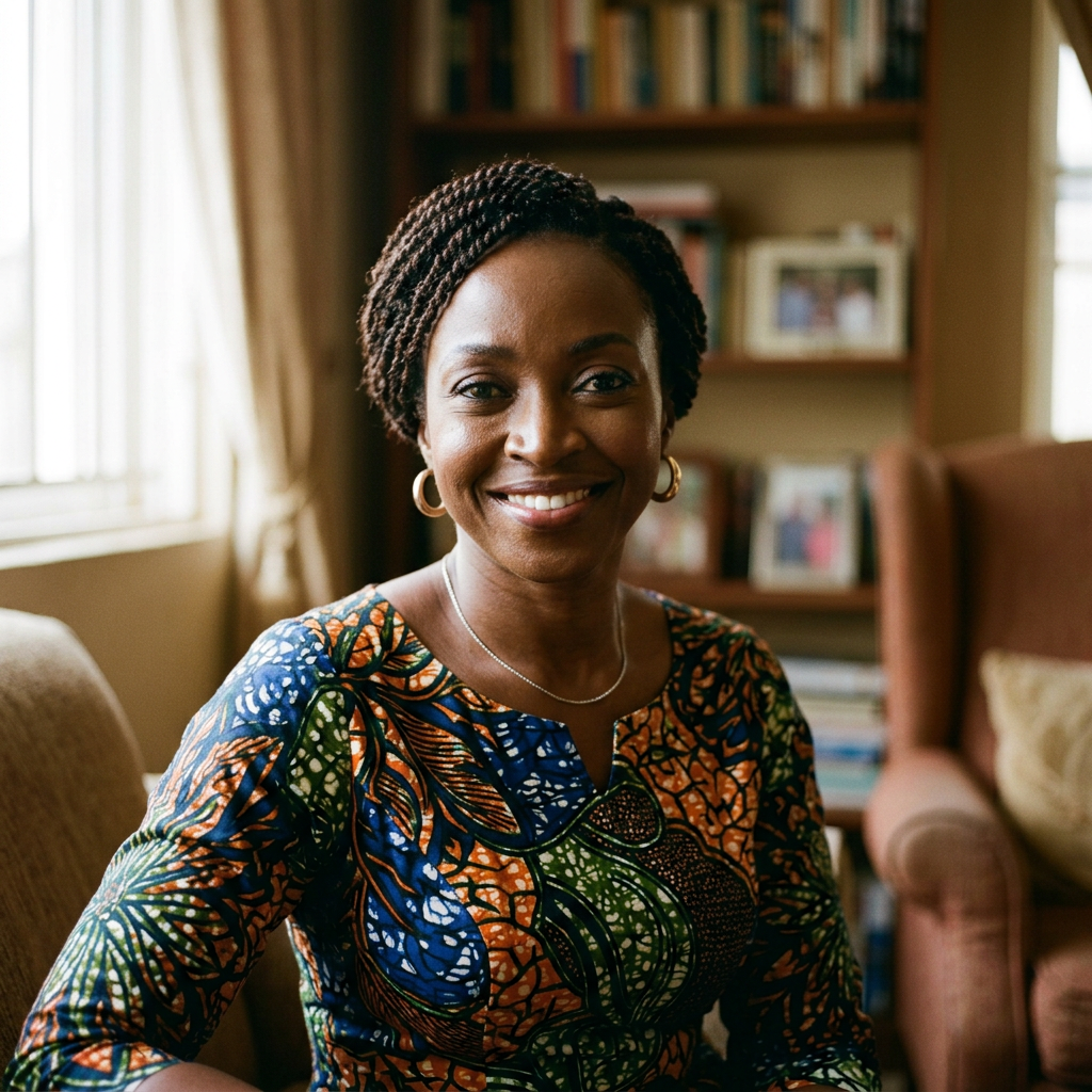 Woman smiling indoors wearing a vibrant patterned dress and hoop earrings