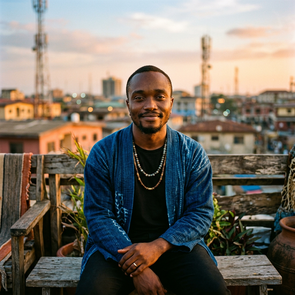 A man wearing a blue jacket and beaded necklaces sits on a wooden bench on a rooftop with a blurred urban background at sunset.