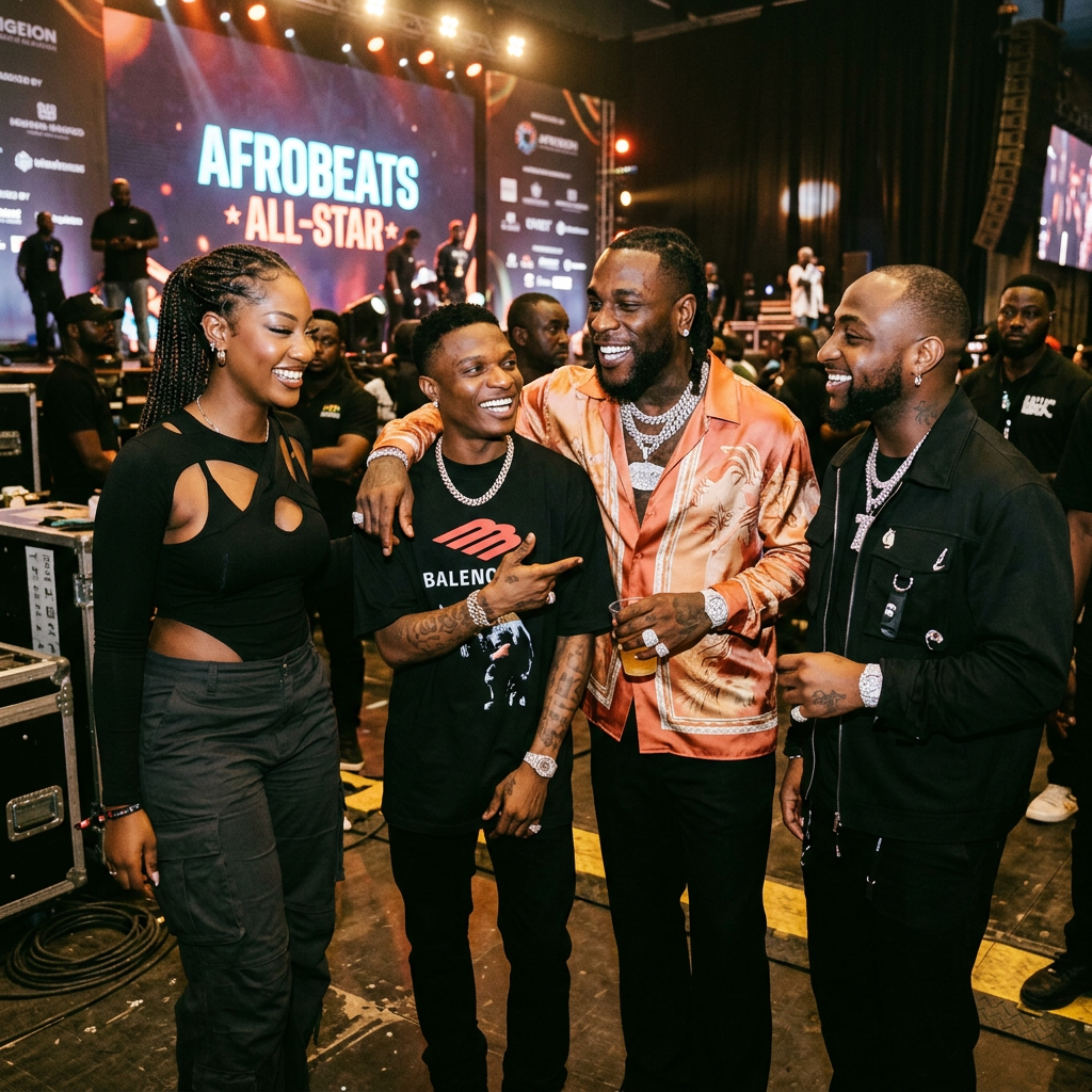 Four smiling Afrobeats artists standing together backstage at an event with 'AFROBEATS ALL-STAR' sign in the background