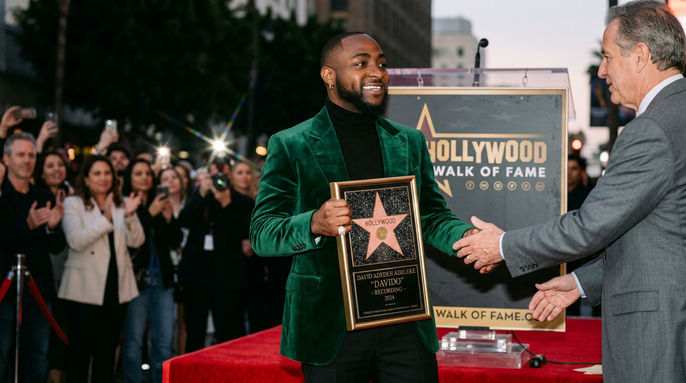 Davido holding Hollywood Walk of Fame star plaque with man reaching to shake hands and crowd applauding in background