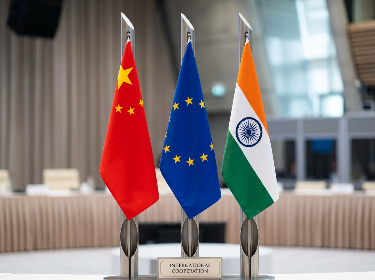 Flags of China, European Union, and India standing side by side with a sign reading International Cooperation