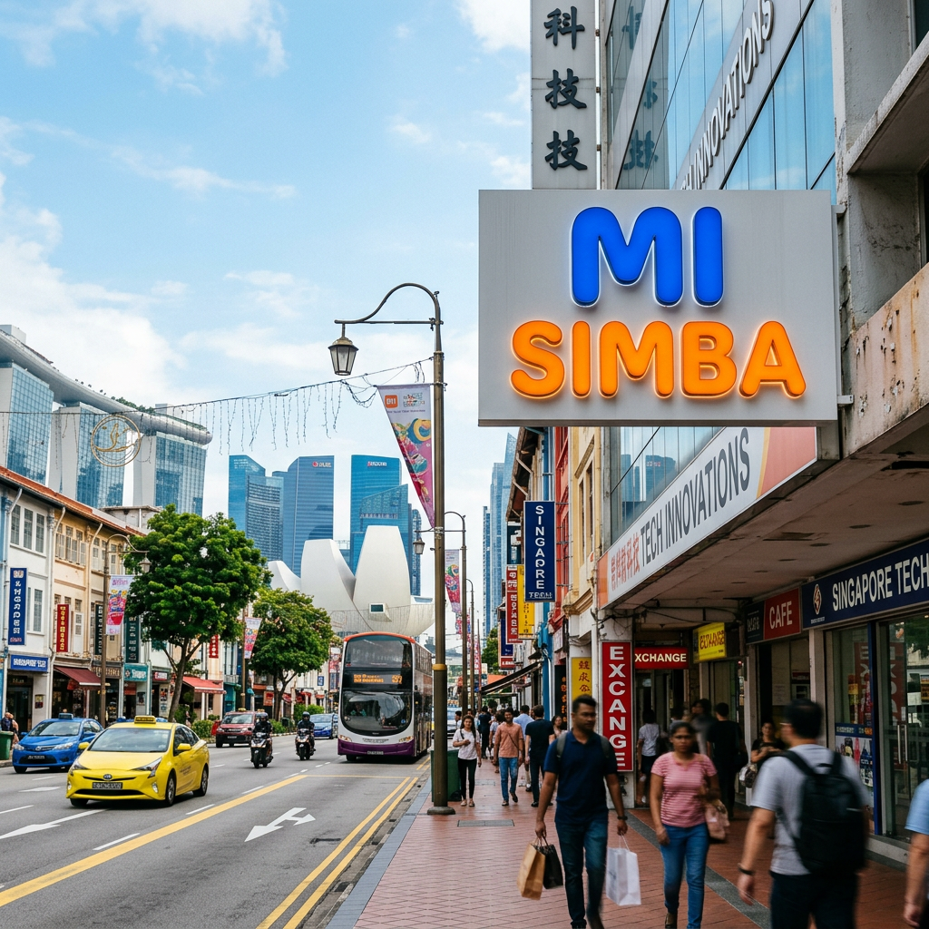 Street in Singapore with pedestrians, vehicles, and illuminated MI SIMBA sign