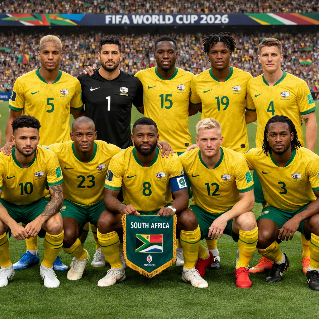 South Africa national football team in yellow and green uniforms posing on the field holding a South Africa banner at FIFA World Cup 2026