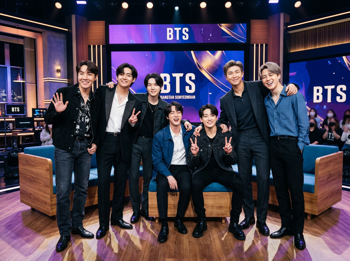 Seven BTS members posing on a television studio set with BTS signs in the background