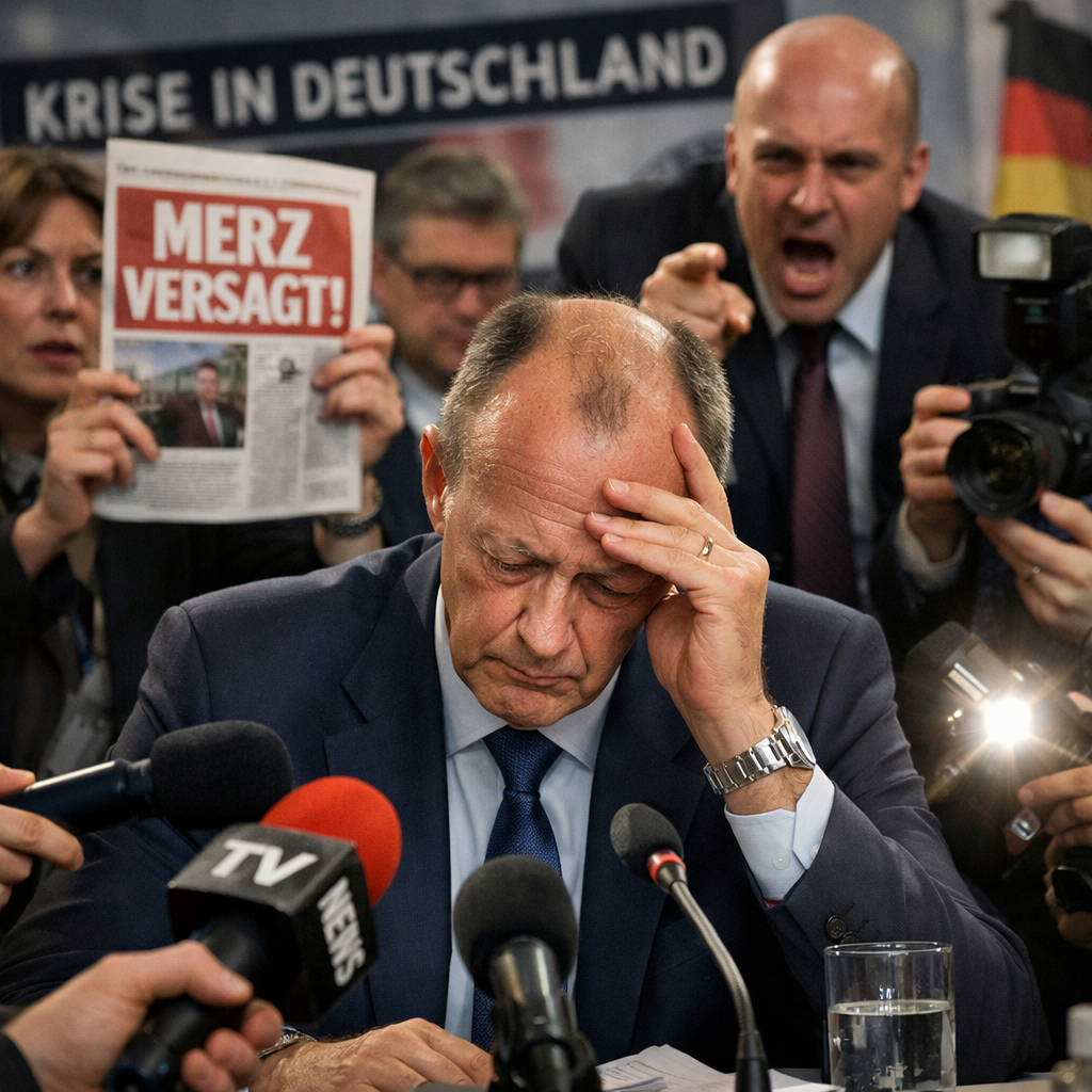 Politician in suit holding his head amid intense questioning and angry reporters