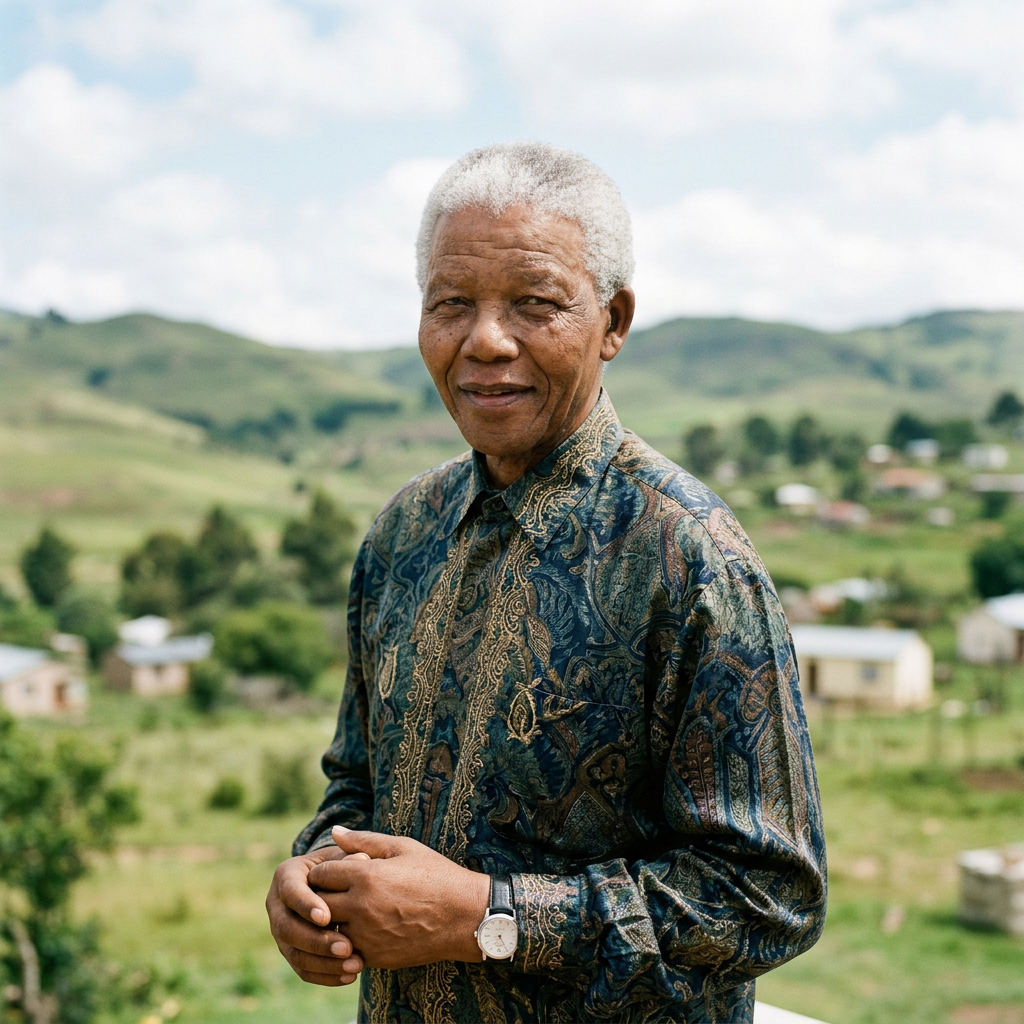 Elderly man with gray hair wearing patterned shirt standing outdoors with green hills and houses in background
