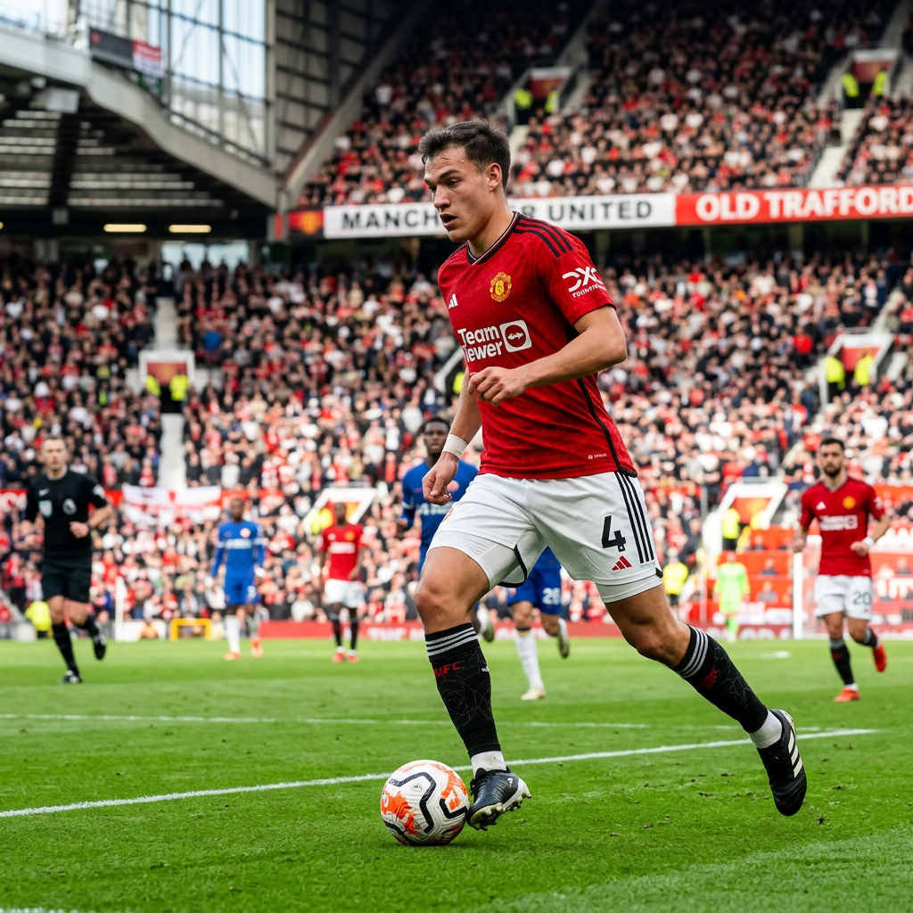Manchester United footballer wearing red jersey number 4 controlling ball near sideline at Old Trafford