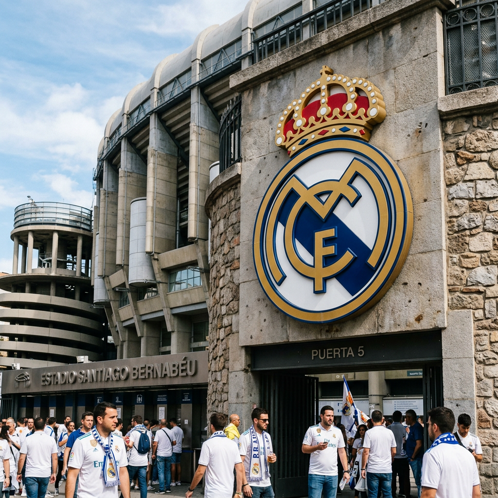 Entrance of Santiago Bernabéu Stadium with Real Madrid logo and fans in team apparel
