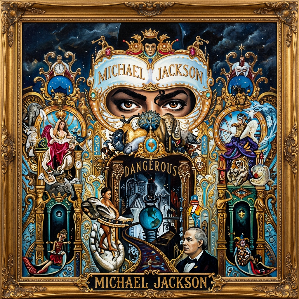 Michael Jackson Dangerous album cover featuring eyes, animals, and elaborate decorations