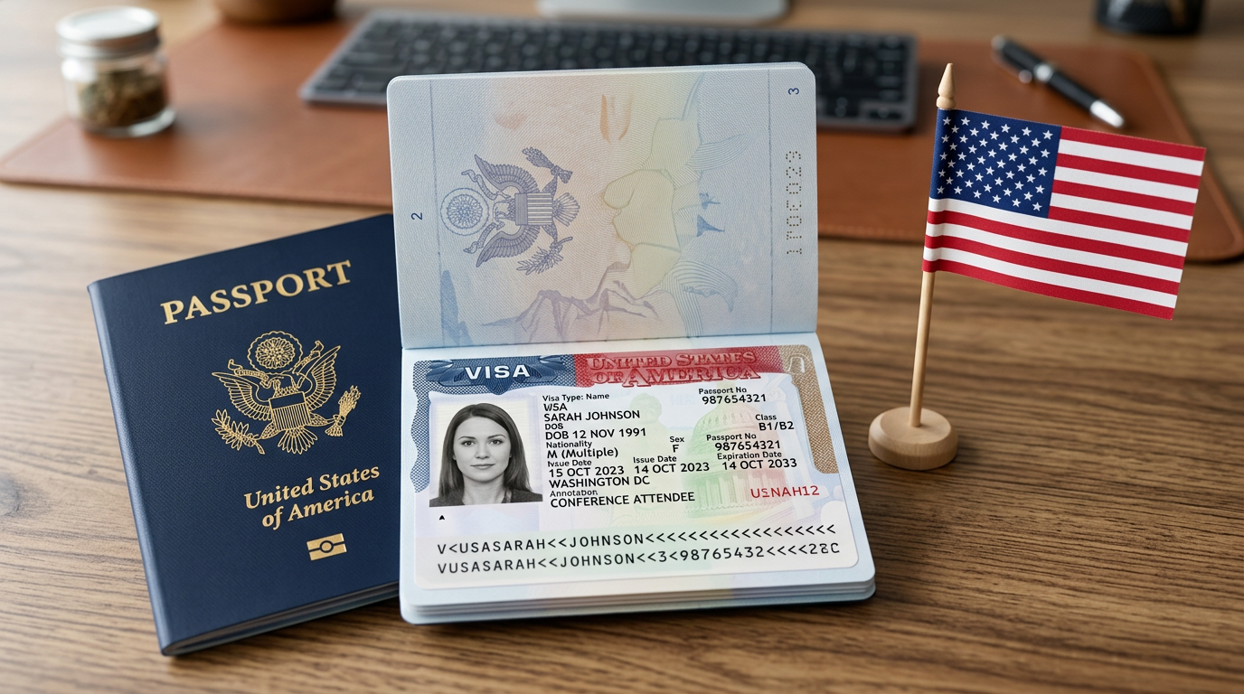 United States passport open to visa page with photo and details, next to small American flag