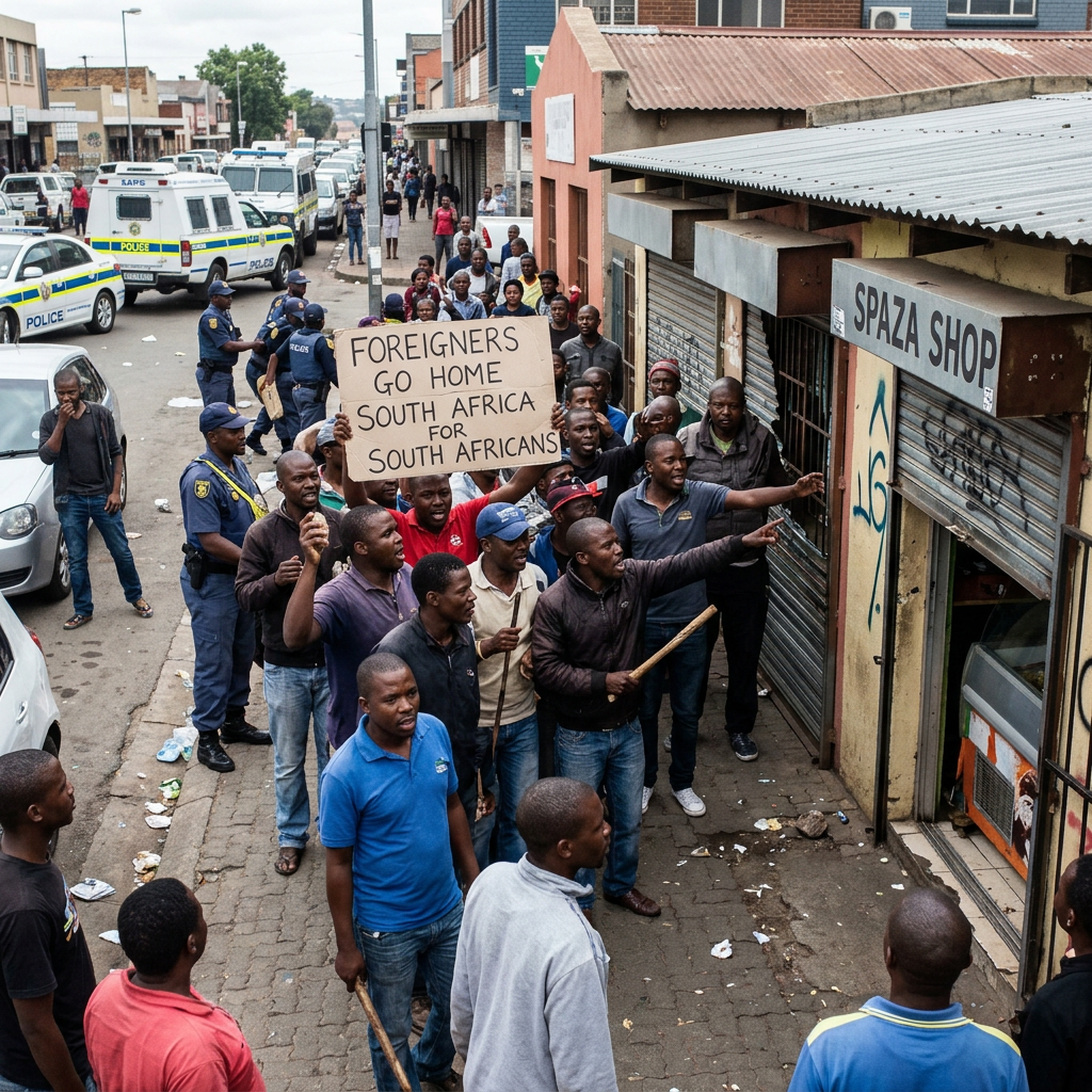 Crowd protesting outside spaza shop holding sign 'Foreigners go home South Africa for South Africans' with police presence