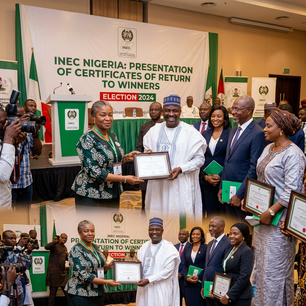 Group of Nigerian officials at INEC ceremony presenting certificates of return to election winners