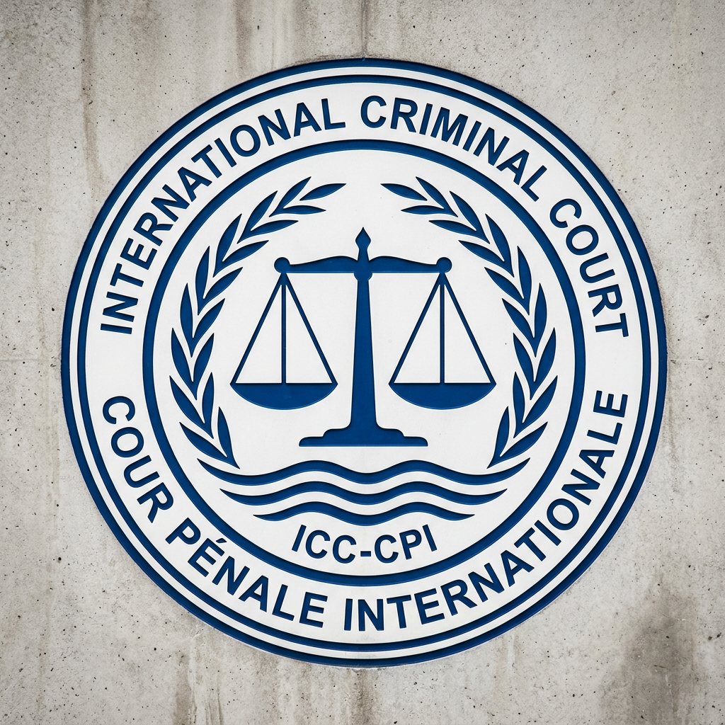 Emblem of the International Criminal Court with scales of justice and olive branches