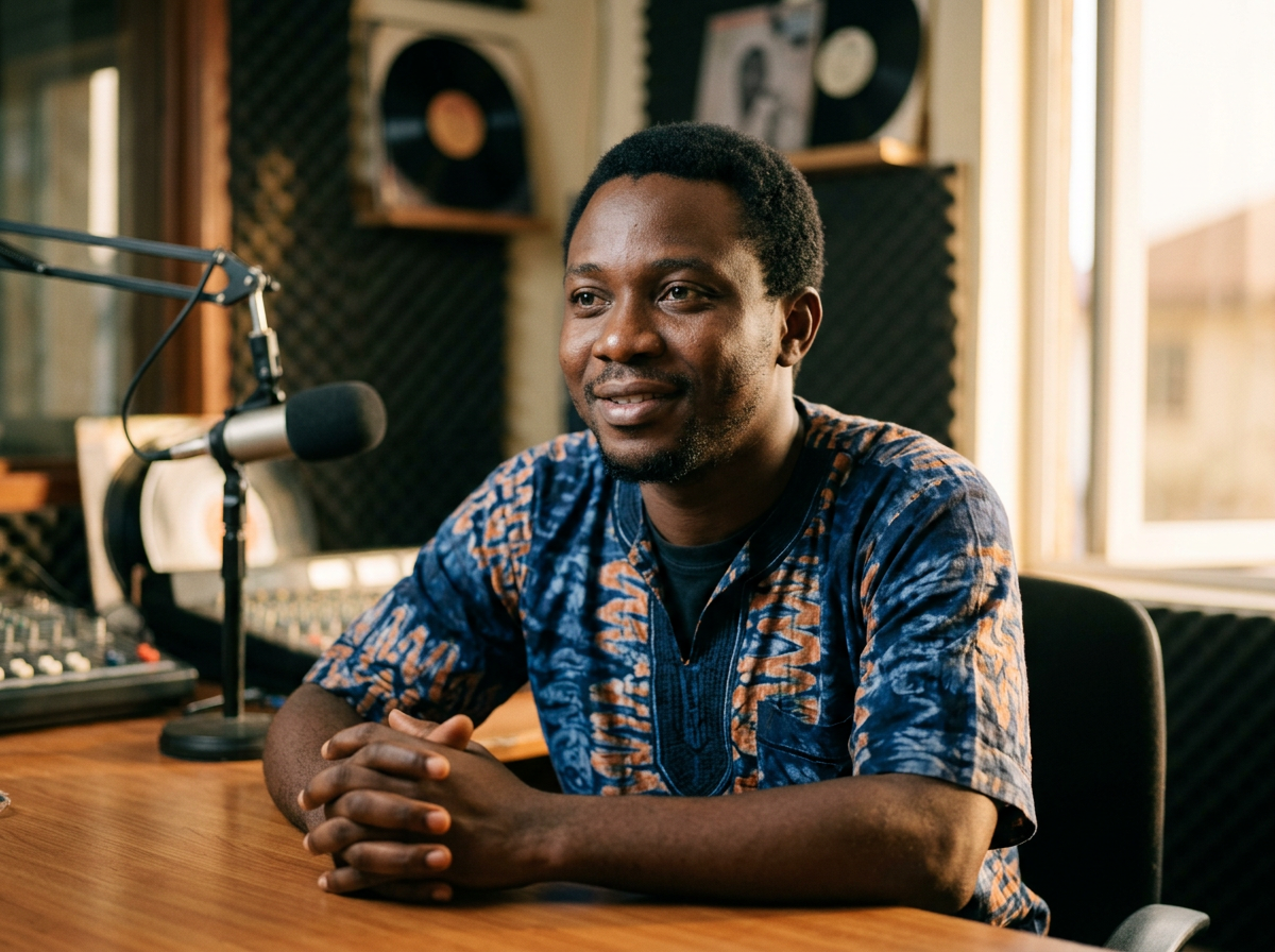 Man sitting at a desk with a microphone in a soundproofed studio