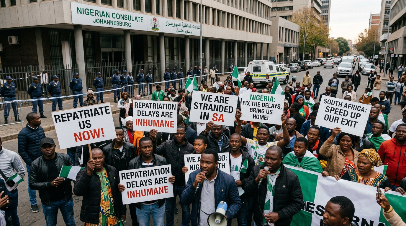 Nigerian protesters holding signs demanding repatriation and quicker exit from South Africa