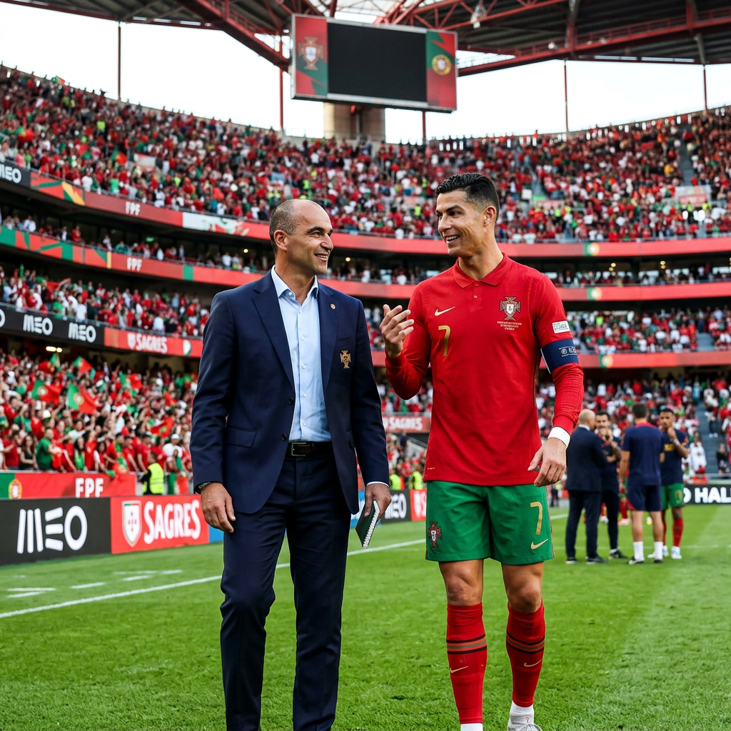 Cristiano Ronaldo wearing red Portugal football kit with captain armband talking with a man in a navy blue suit on the football field.