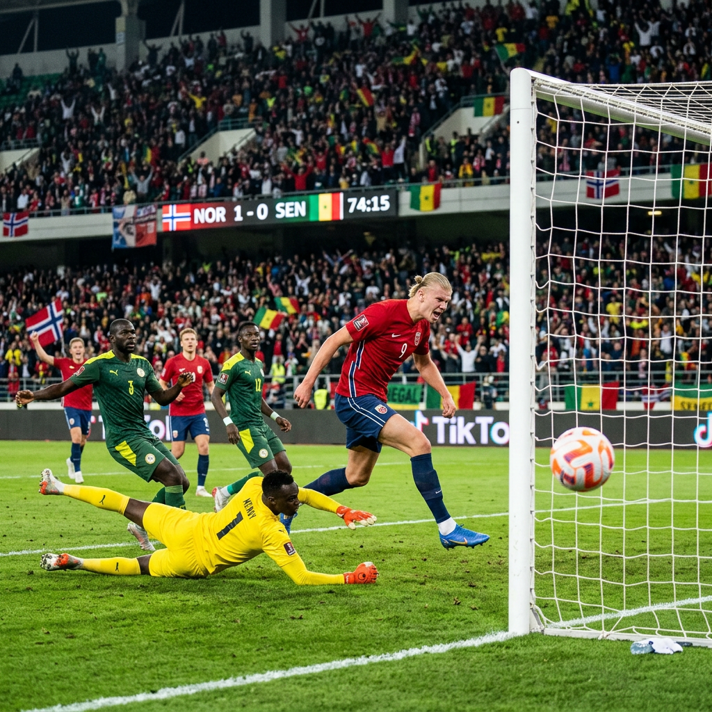 Norwegian soccer player celebrating after scoring past diving Senegal goalkeeper during match