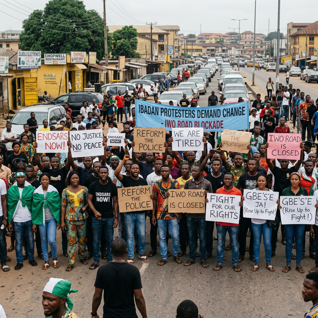 Large group of protesters holding signs advocating EndSARS, police reform, and road blockade at Iwo Road in Ibadan