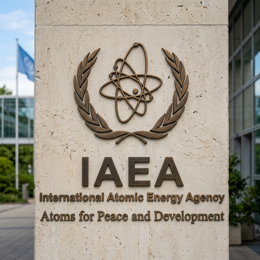 IAEA emblem with atom symbol and laurel wreath and text 'International Atomic Energy Agency Atoms for Peace and Development'