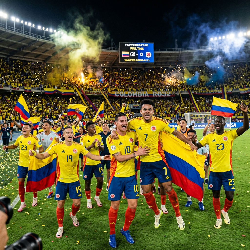 Colombian football players celebrating on field with flags and cheering fans in stands
