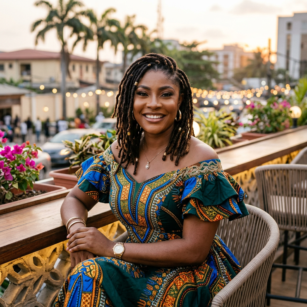 Woman smiling outdoors at dusk wearing a colorful patterned dress