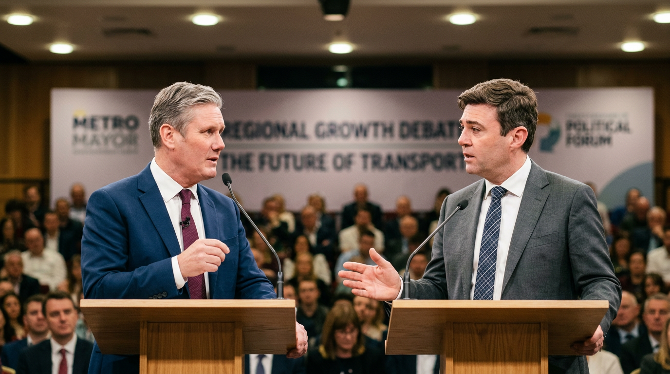 Two men in suits debating at podiums during a regional growth and transport discussion forum