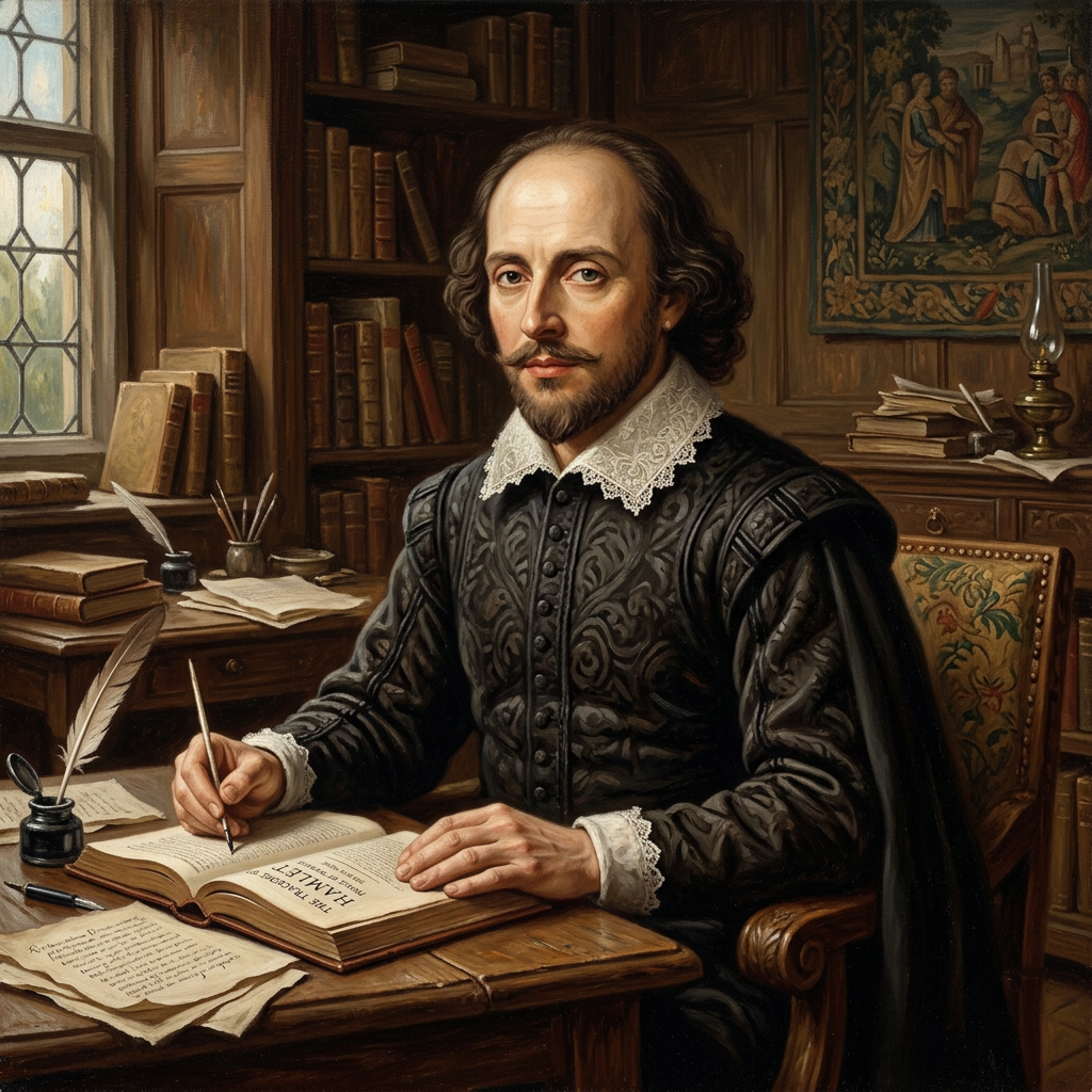 Elizabethan man writing in a book titled The Tragedy of Hamlet in a wood-paneled room