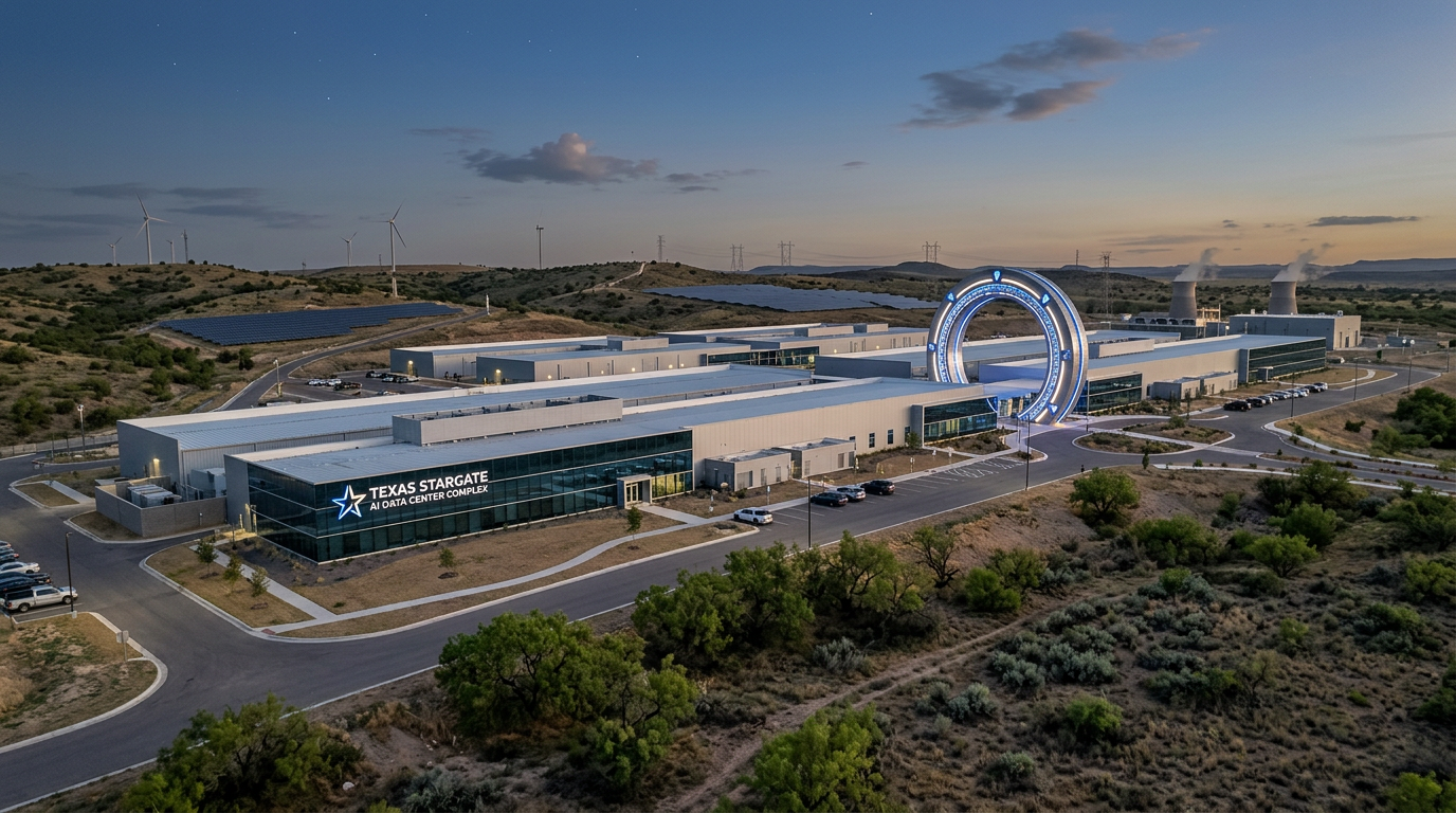 Texas Stargate AI QATA Center Complex with a large circular illuminated structure in a desert landscape