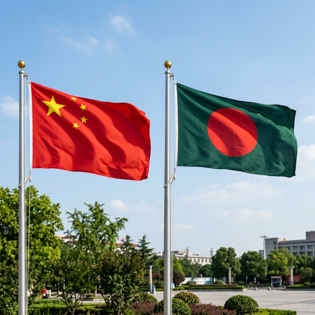 Flags of China and Bangladesh on flagpoles outdoors