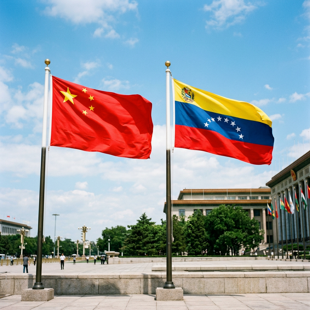 Flag of China and flag of Venezuela waving outdoors