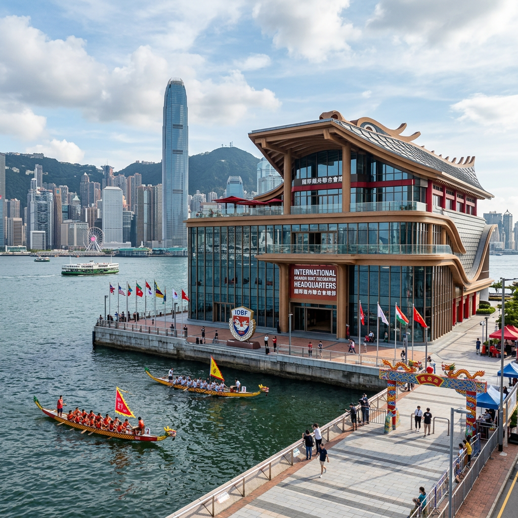 Two dragon boats with rowers near International Dragon Boat Federation headquarters by waterfront
