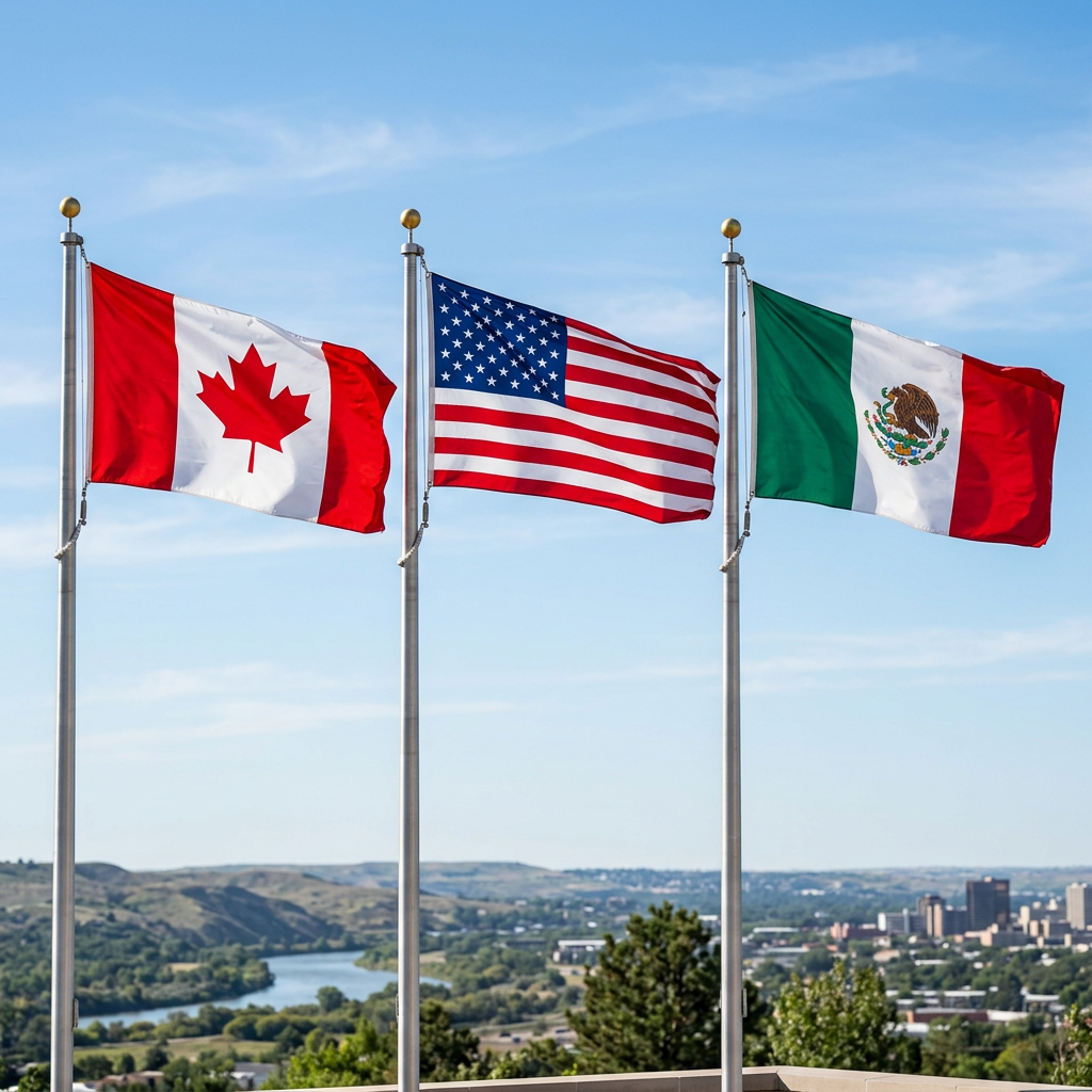 Canadian, American, and Mexican flags fluttering on flagpoles