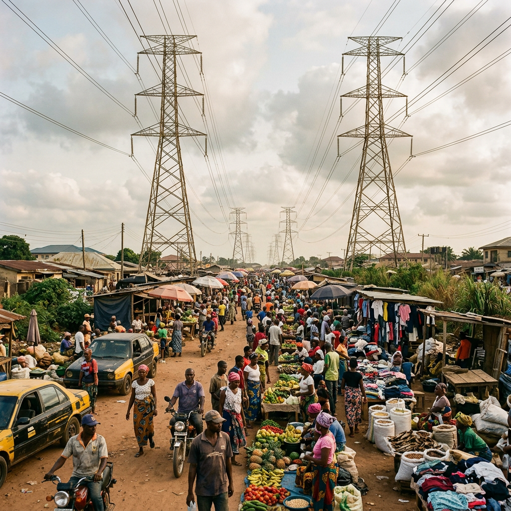 Bustling outdoor market with people buying and selling fruits, vegetables, clothes under power lines