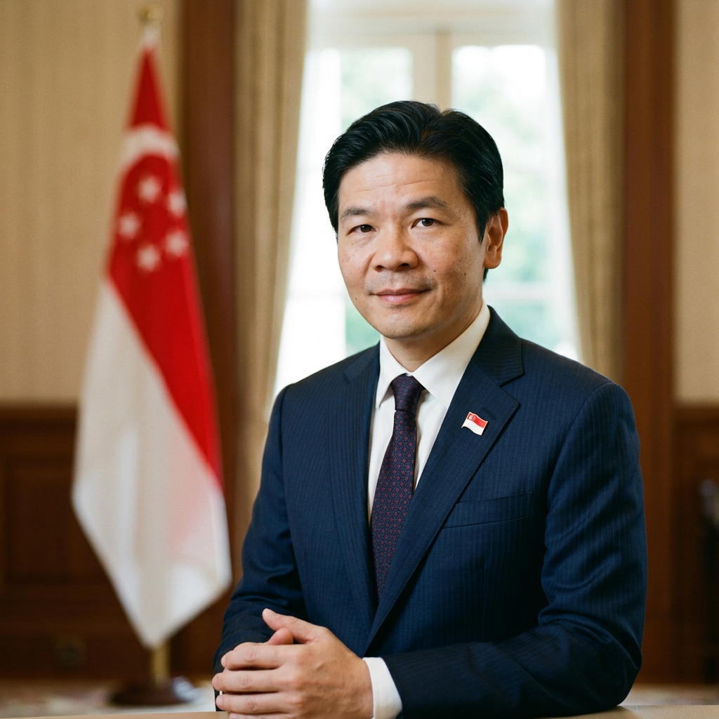 Man in dark suit with Singapore flag pin standing indoors with Singapore flag in background