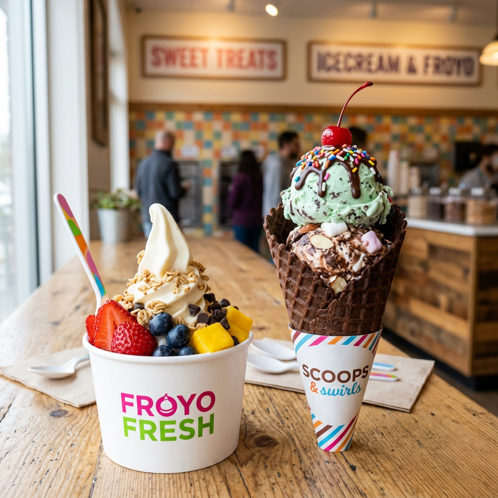 Cup of frozen yogurt with fresh fruit and a chocolate ice cream cone with sprinkles and a cherry