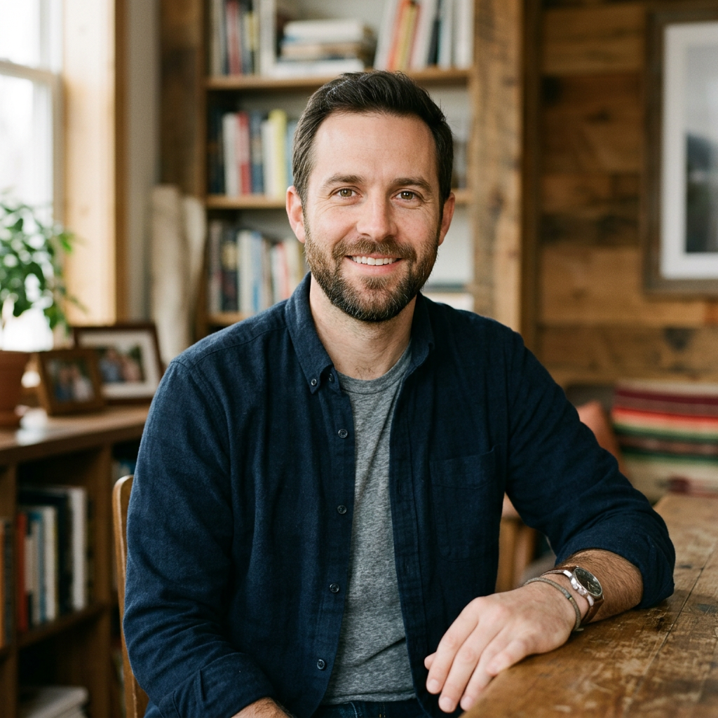 Smiling man with beard sitting at wooden table in a home office with bookshelves