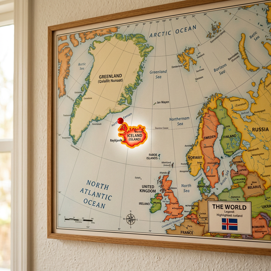 World map showing Iceland highlighted near Greenland and Northern Europe