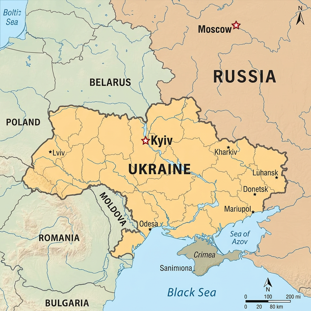 Map highlighting Ukraine with major cities Kyiv, Lviv, Kharkiv, Luhansk, Donetsk, Mariupol, and Odesa, bordered by Poland, Belarus, Russia, Moldova, Romania, and Bulgaria with Crimea and seas labeled.