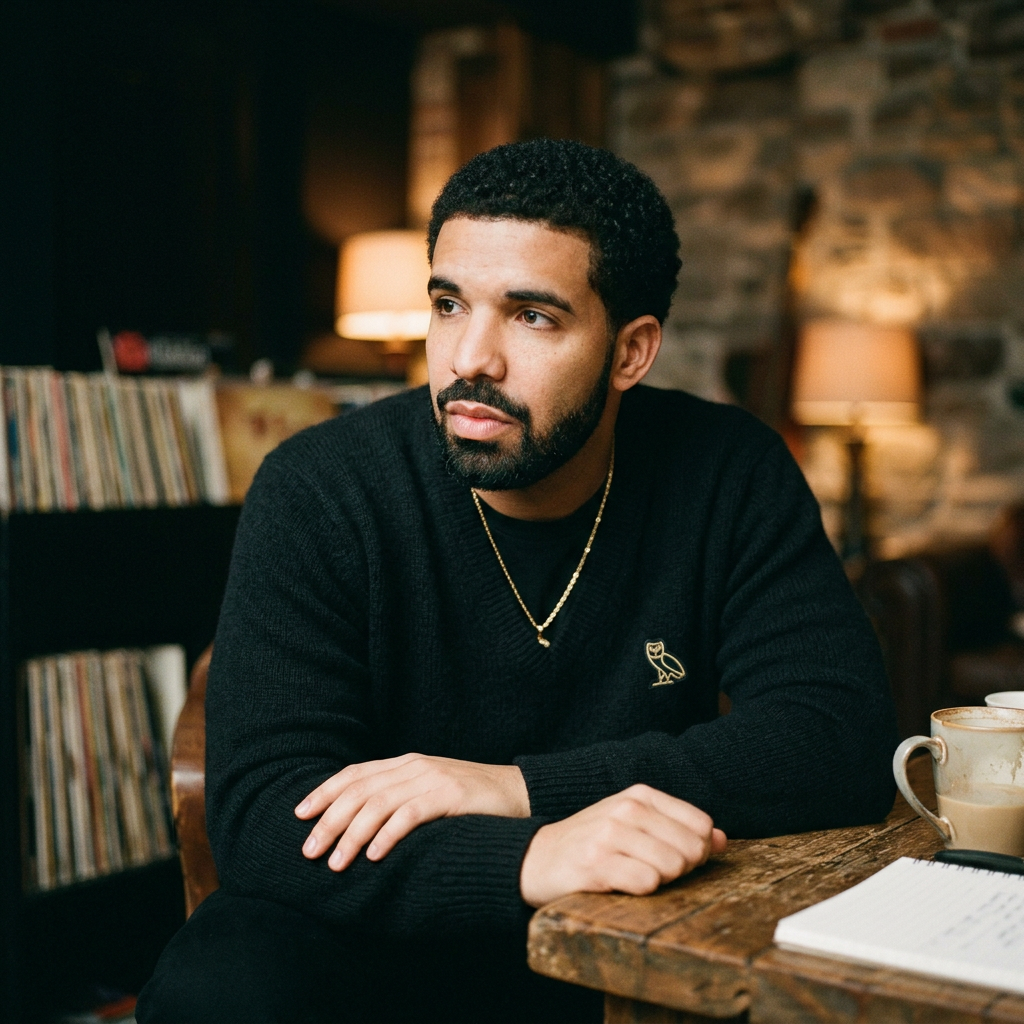 Man with beard and curly hair wearing a black sweater sitting at a wooden table in a café