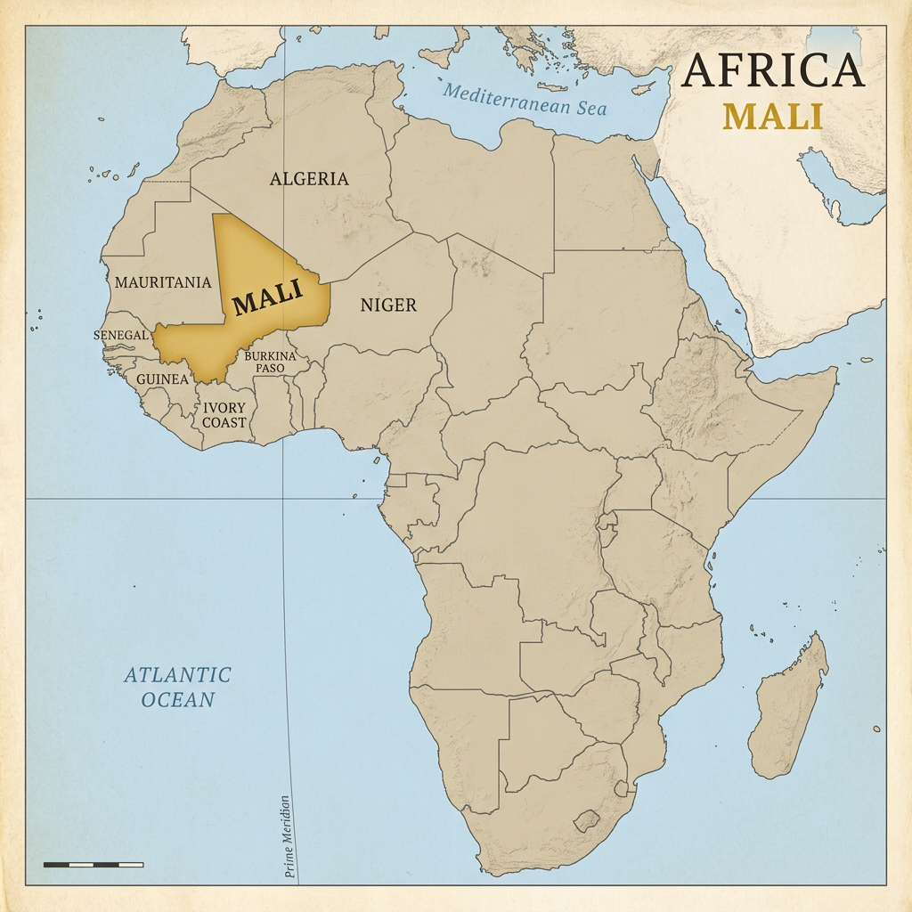 Map of Africa with Mali highlighted and labeled