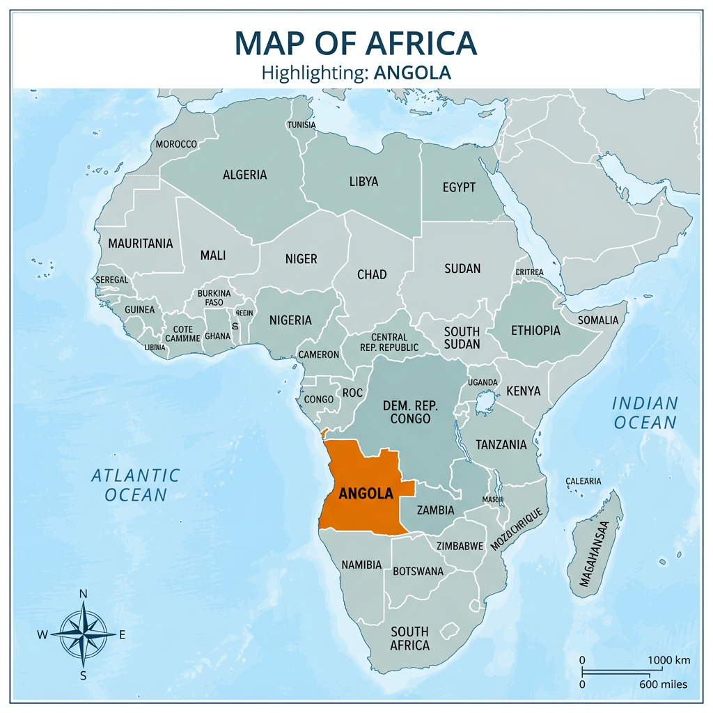 Map of Africa with Angola highlighted in orange among other countries.